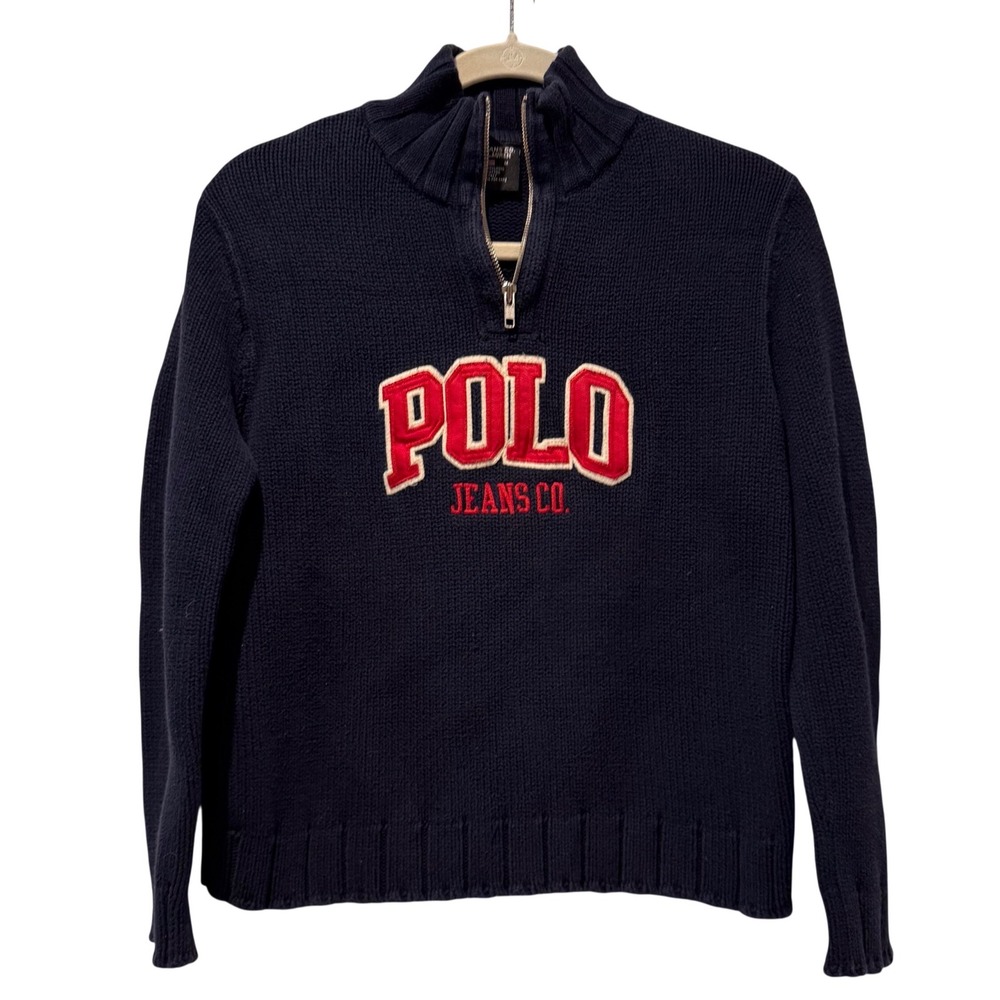 Polo Jeans Co Ralph Lauren‎ Boys M Navy Blue 1/4 Zip Cotton Shaker Knit Sweater